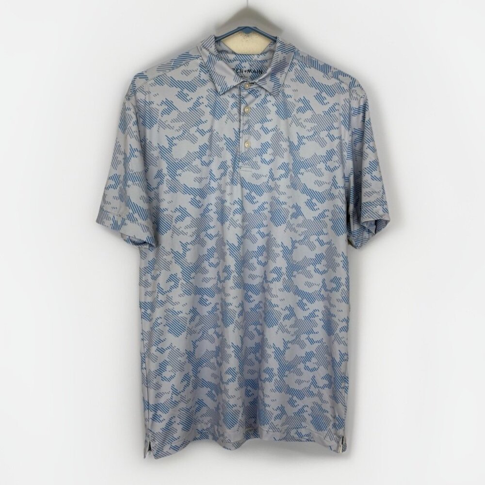 Mizzen Main Versa Polo Shirt Mens Medium Trim Blue Camo Print Stretch
